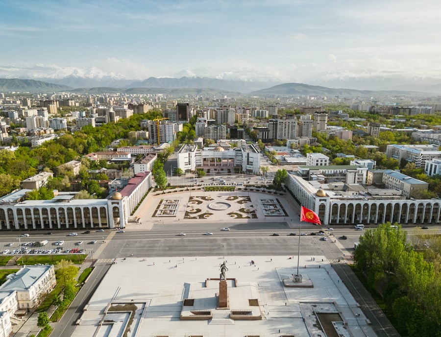 Aerial View Of Bishkek City S Ala Too Central Square With Waving Flag During Spring