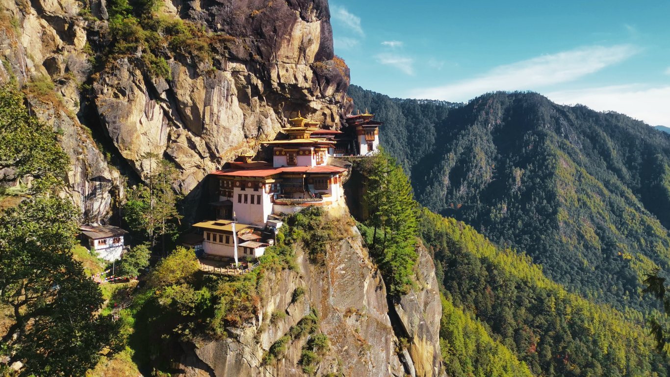 Tiger Nest Monastery rises dramatically above the peaceful Paro Valley