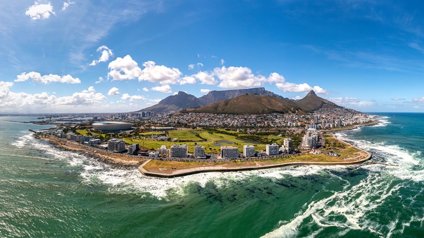 Panorama drone view over Cape Town to Table Mountain and Lion's Head at day in South Africa