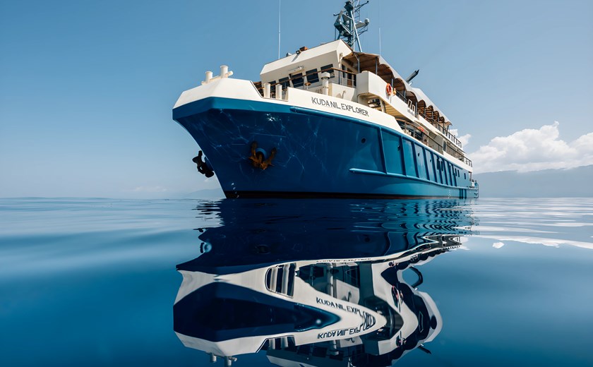 Luxury private yacht sailing across the calm seas between the Spice Islands and Raja Ampat.