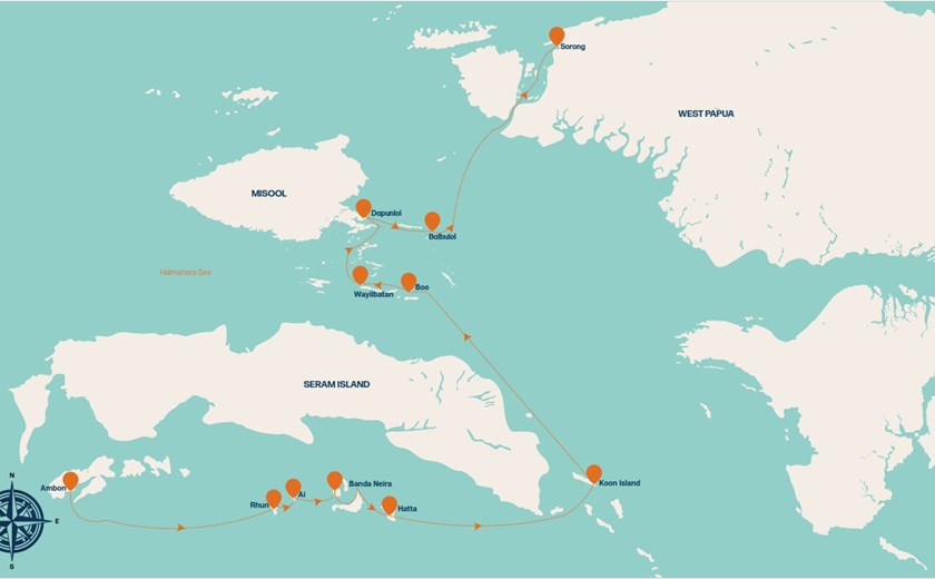 Map route showing the Kudanil Explorer’s voyage through the Spice Islands and Southern Raja Ampat.