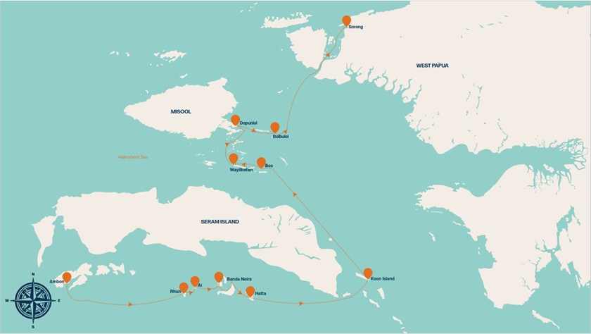 Map route showing the Kudanil Explorer’s voyage through the Spice Islands and Southern Raja Ampat.