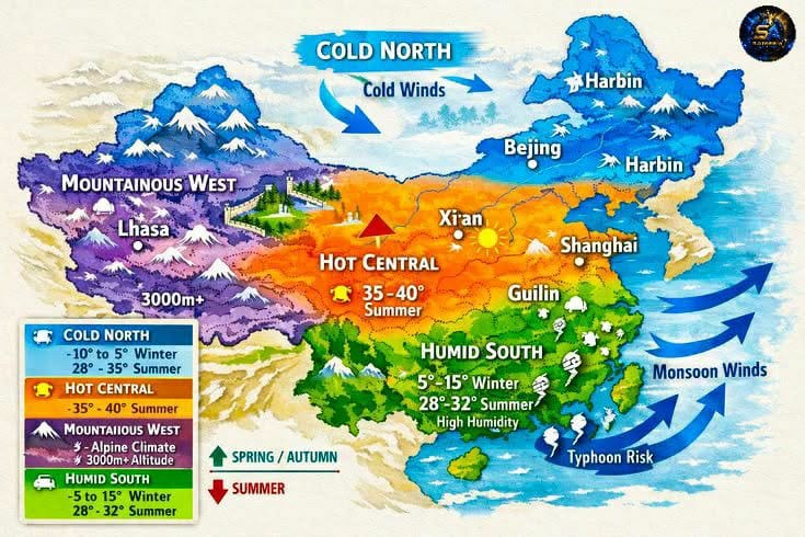China spans diverse climates from northern winters to subtropical southern regions