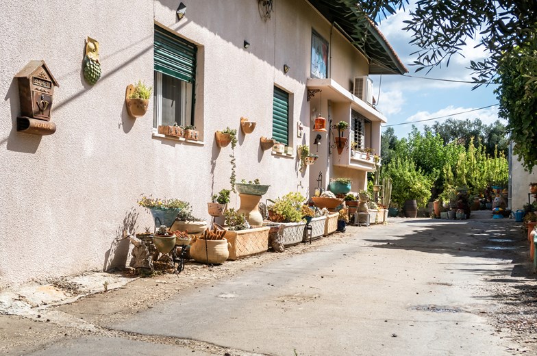 A peaceful corner of Zikhron Ya’akov, where sunlit pottery, leafy gardens, and village calm create a beautifully timeless scene