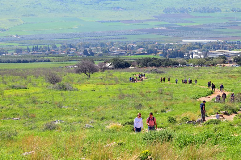 Hike along a trail through green meadows at Mount Arbel