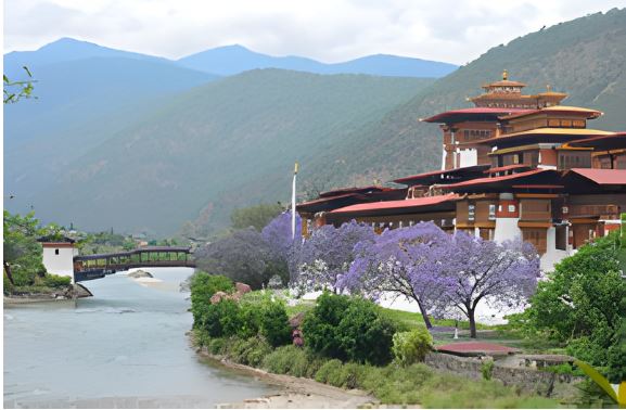 Outside view of Punakha Dzong monastery and fortress in Bhutan, famed as the Palace of Great Happiness