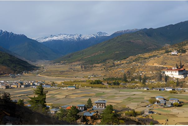 Paro Valley in Bhutan, showcasing its mountains and traditional architecture